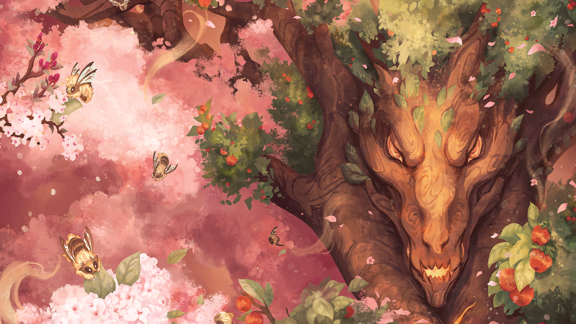 Fantasy dragon emerging from a tree with pink blossoms and bees.