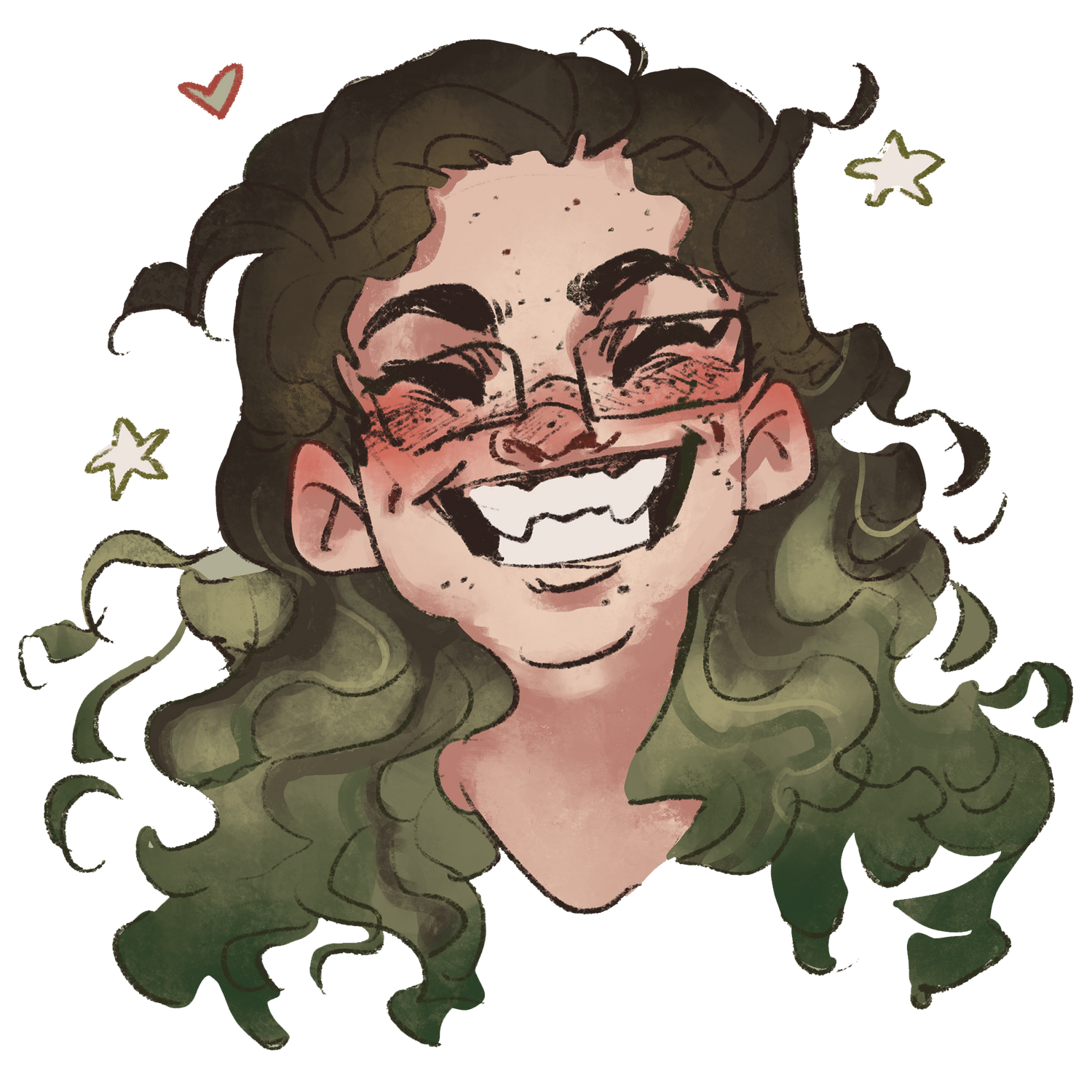 Cartoonish illustration of a character with green hair and a happy expression on a white background