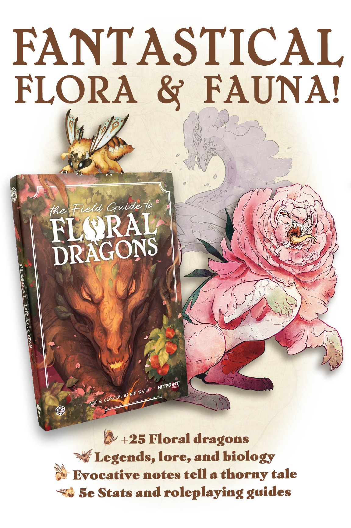 Book titled 'The Field Guide to Floral Dragons' with illustrations of a dragon a bee and a flower on a white background.
