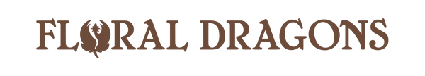 Logo of 'Floral Dragons' with a stylized dragon and floral elements on a brown background