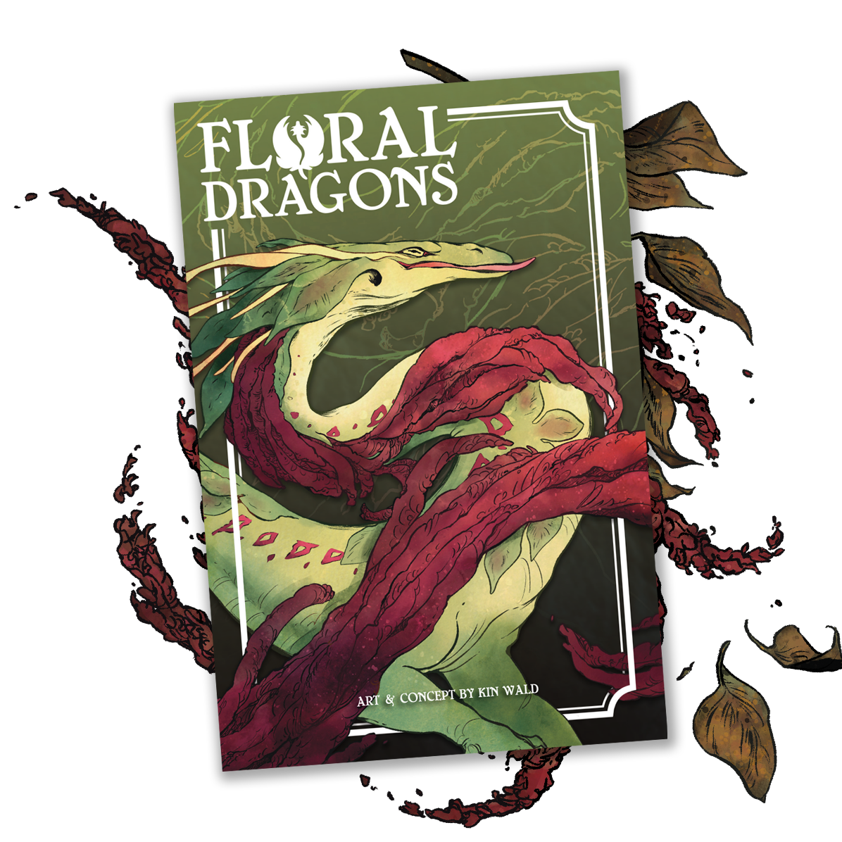 Book titled 'Floral Dragons' with a dragon illustration on a green background