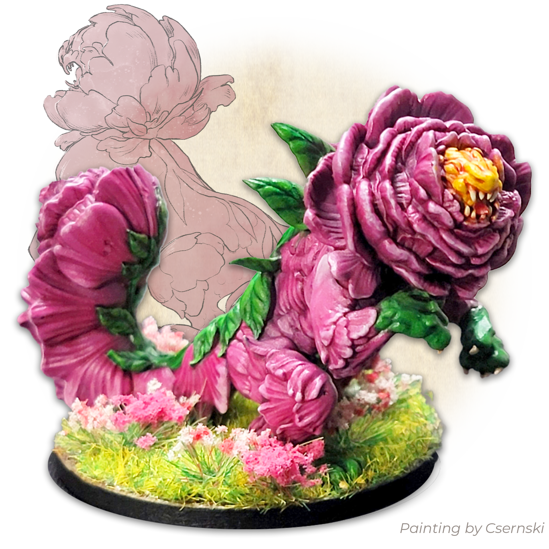 Decorative floral dragon miniature designed with pink flowers and green leaves on a white background
