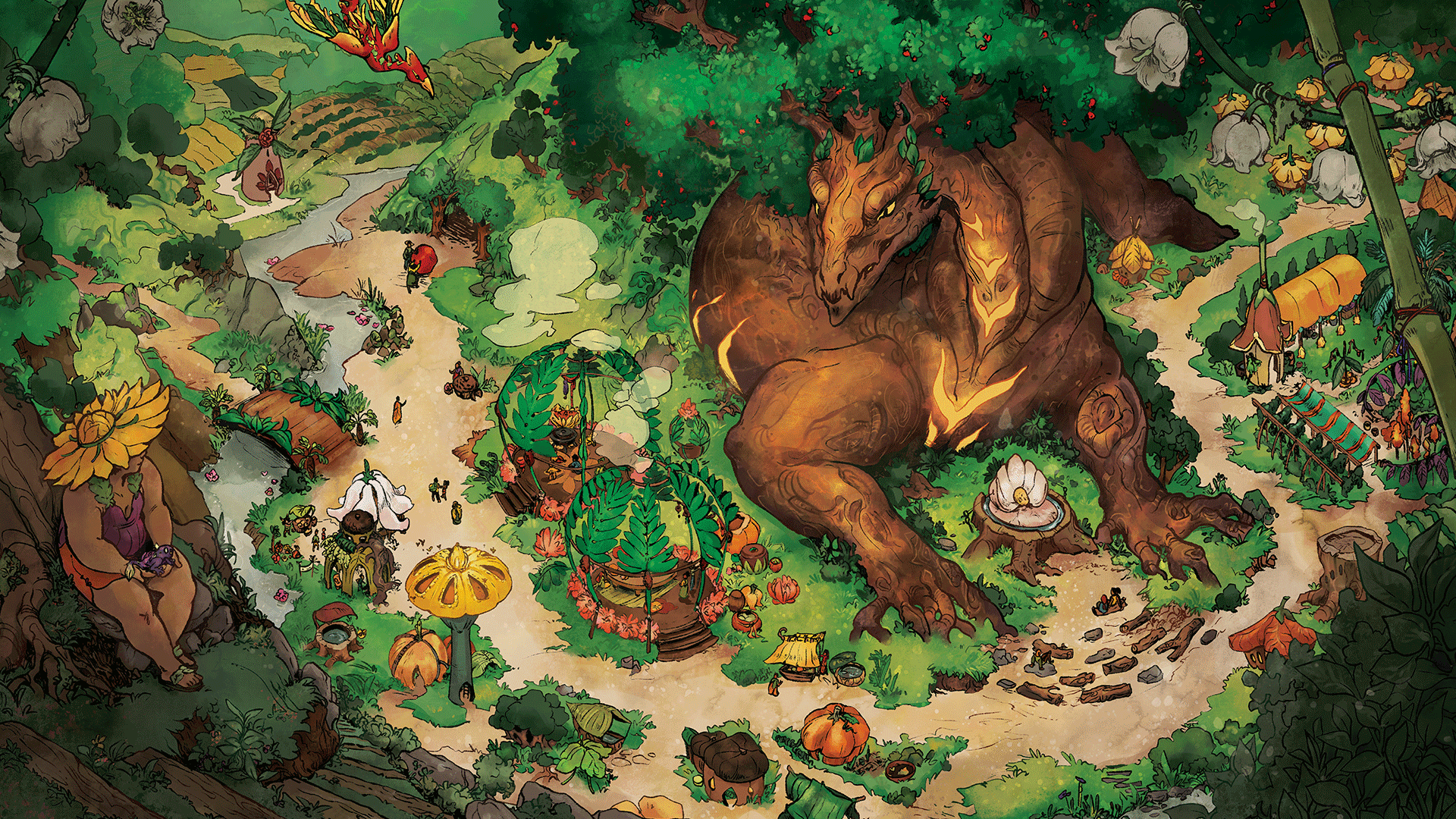 Fantasy scene with a large dragon in a forest setting filled with people